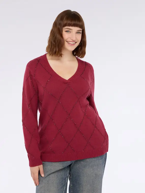 Maglia con motivo a rombi luminoso Donna, Bordeaux (60-62 IT)
