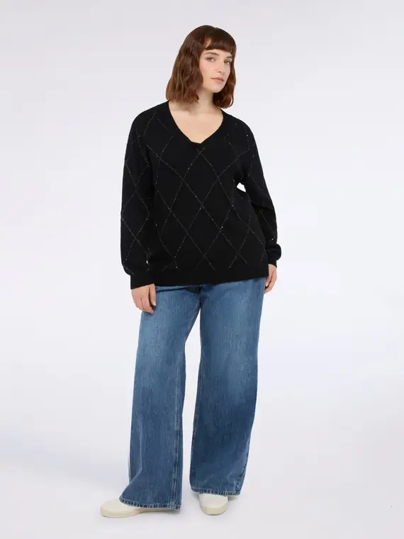 Maglia con motivo a rombi luminoso Donna, Nero (56-58 IT)