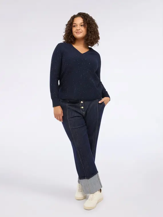 Maglia con paillettes e scollo a V Donna, Blu (44-46 IT)