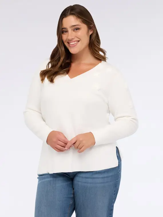 Maglia con scollo a V e ricamo floreale Donna, Bianco (44-46 IT)