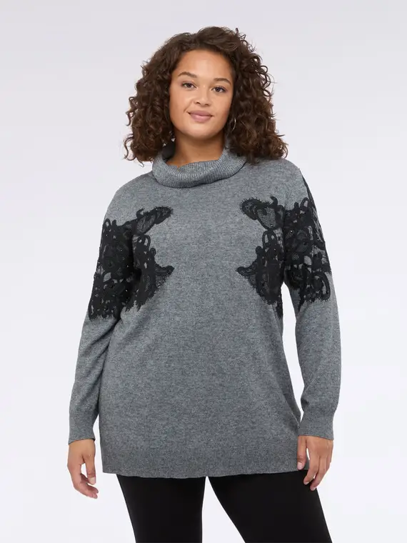 Maglia dolcevita con inserto in pizzo Donna, Grigio (44-46 IT) miniatura 3