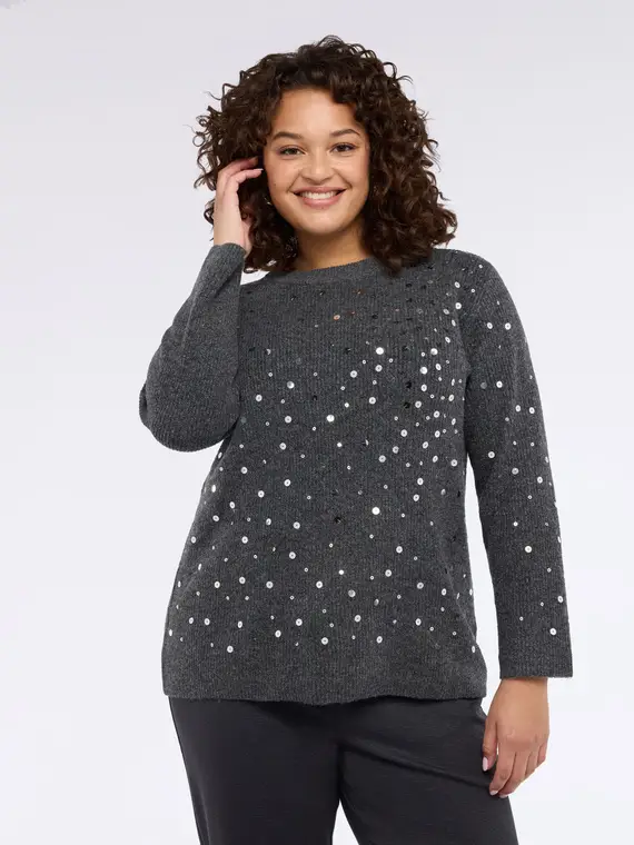 Maglia girocollo con paillettes all over Donna, Grigio (52-54 IT)