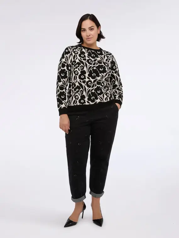 Maglia girocollo con stampa floreale Donna, Nero (48-50 IT)