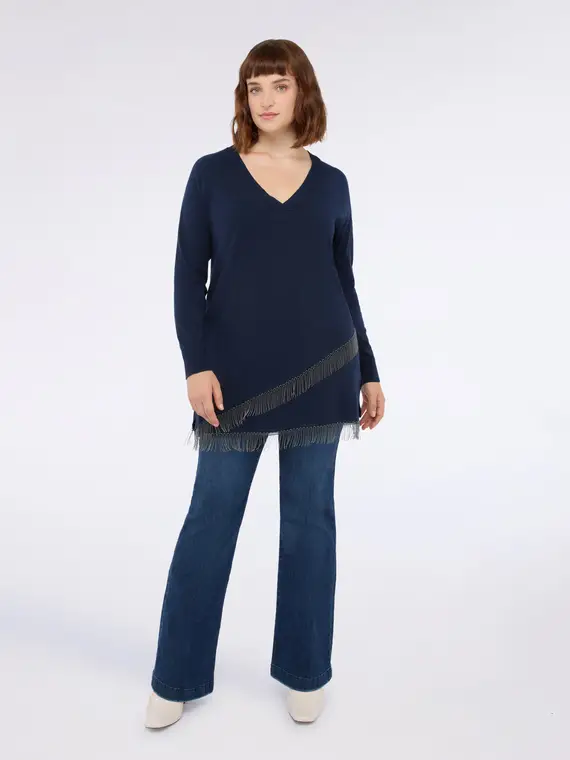 Maglia lunga con frange asimmetriche Donna, Blu (60-62 IT)