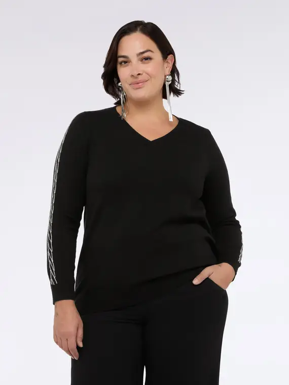 Maglia scollo a V con applicazioni strass Donna, Nero (60-62 IT) miniatura 3