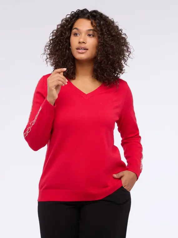 Maglia scollo a V con applicazioni strass Donna, Rosso (56-58 IT) miniatura 3