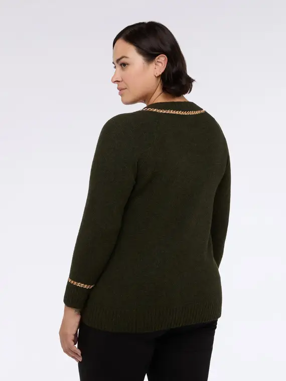 Maglia scollo a V con dettagli catena Donna, Verde militare (48-50 IT) miniatura 2