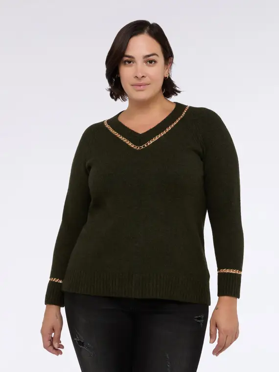 Maglia scollo a V con dettagli catena Donna, Verde militare (48-50 IT)