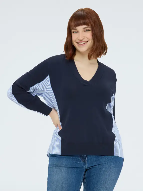 Maglia scollo a V con inserti a righe Donna, Blu (60-62 IT)