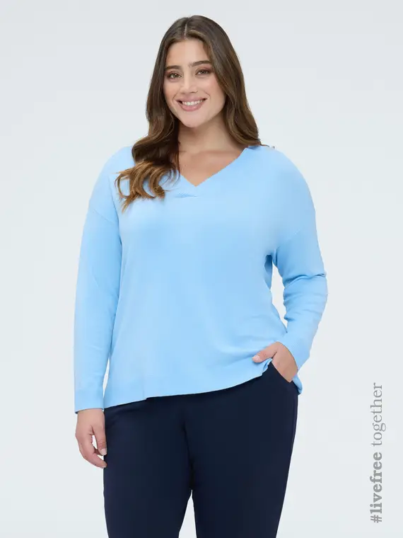 Maglia scollo a V in misto viscosa Donna, Azzurro