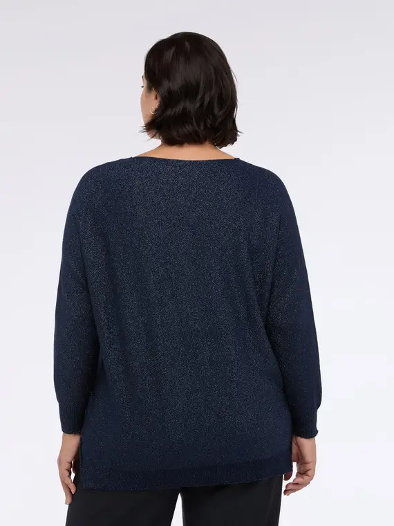 Maglia scollo a V in tessuto laminato Donna, Blu miniatura 2