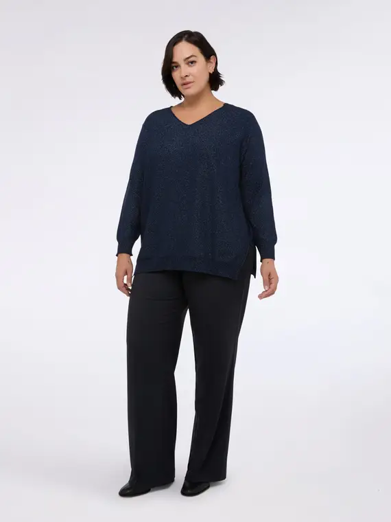 Maglia scollo a V in tessuto laminato Donna, Blu miniatura 3