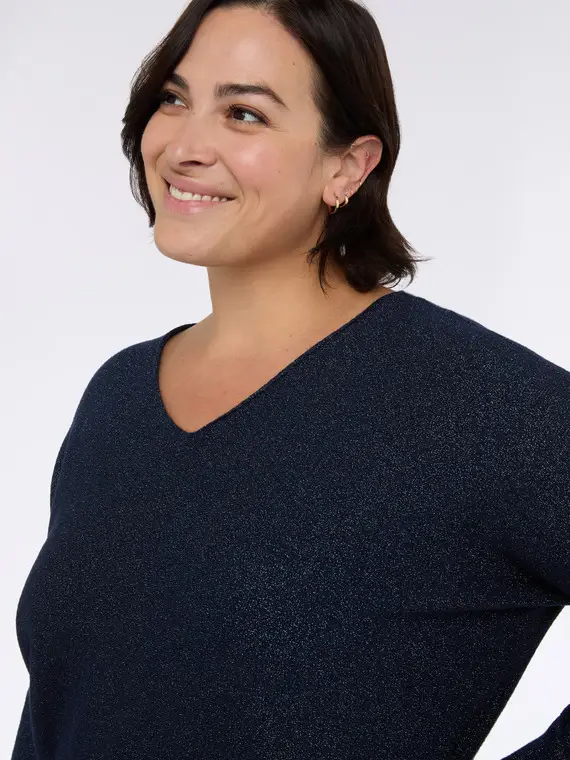 Maglia scollo a V in tessuto laminato Donna, Blu