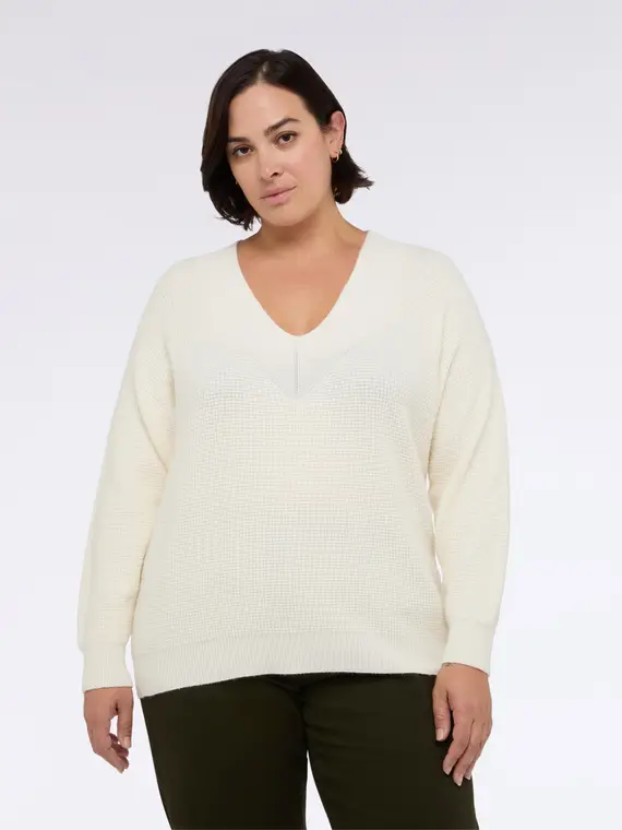 Maglia scollo a V misto viscosa Donna, Bianco