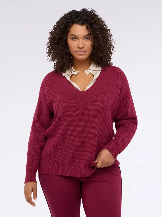 Maglia scollo a V misto viscosa Donna, Bordeaux