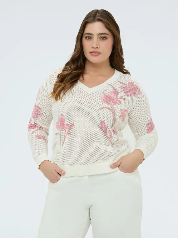 Maglia traforata con stampa floreale Donna, Bianco (64 IT)