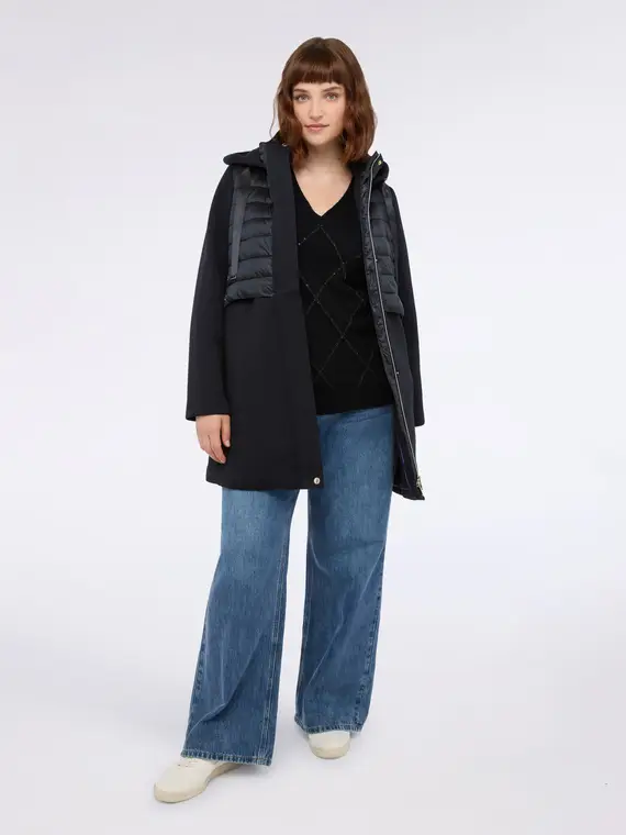 Piumino bimaterico lungo con cappuccio Donna, Nero (58 IT)