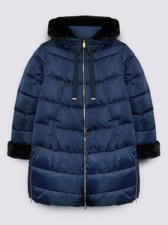 Piumino lungo con cappuccio e inserto peluches Donna, Blu (58 IT)
