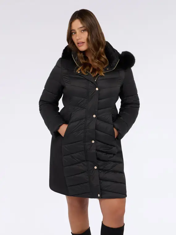 Piumino lungo con cappuccio e trapuntatura Donna, Nero (54 IT) miniatura 3