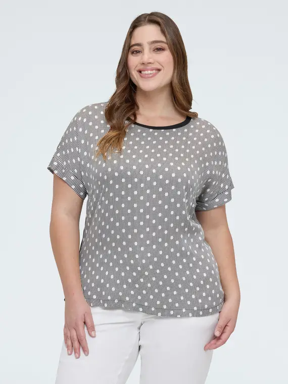 T-shirt bimaterica a righe e pois Donna, (48-50 IT)