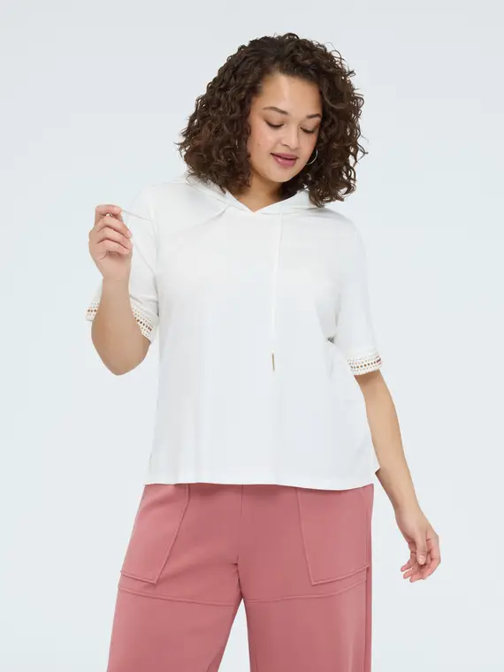 T-shirt con cappuccio e bordini hotfix Donna, Bianco (48-50 IT)