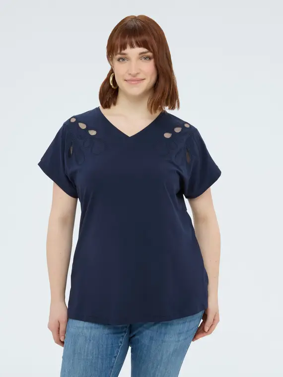 T-shirt in cotone con ricami e cut out Donna, Blu (60-62 IT)