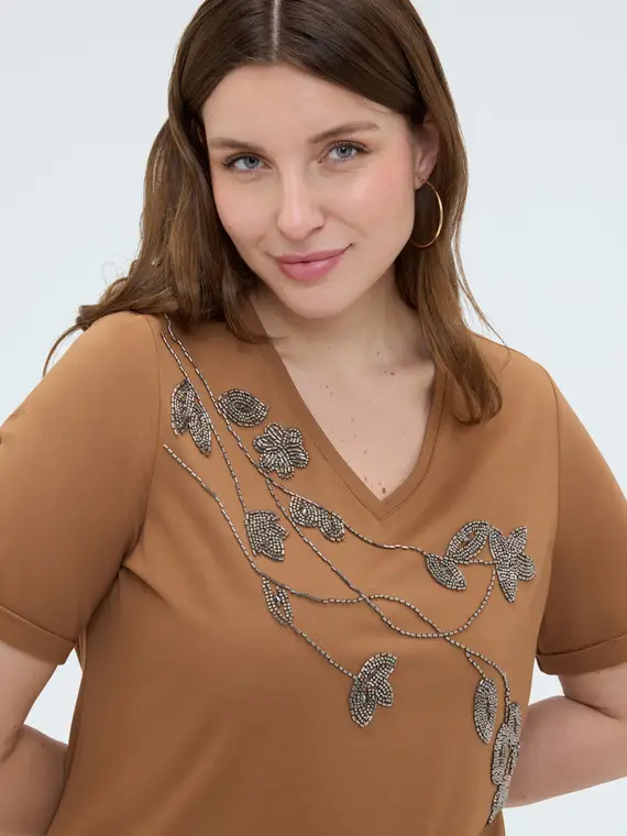 T-shirt in cotone con ricamo floreale Donna, Marrone (60-62 IT) miniatura 3