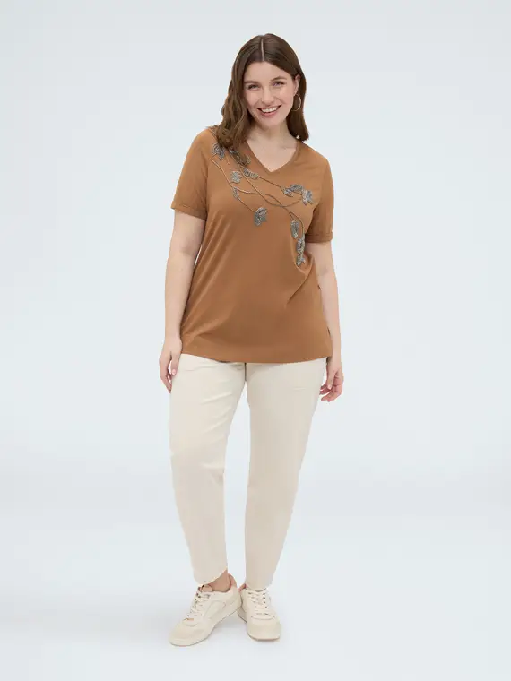 T-shirt in cotone con ricamo floreale Donna, Marrone (60-62 IT)