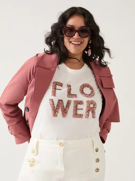 T-shirt in cotone con scritta Flower Donna, Bianco (64 IT)