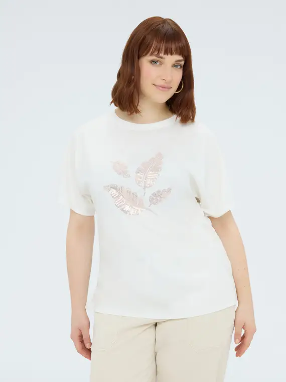 T-shirt in jersey con foliage in paillettes Donna, Bianco (56-58 IT)