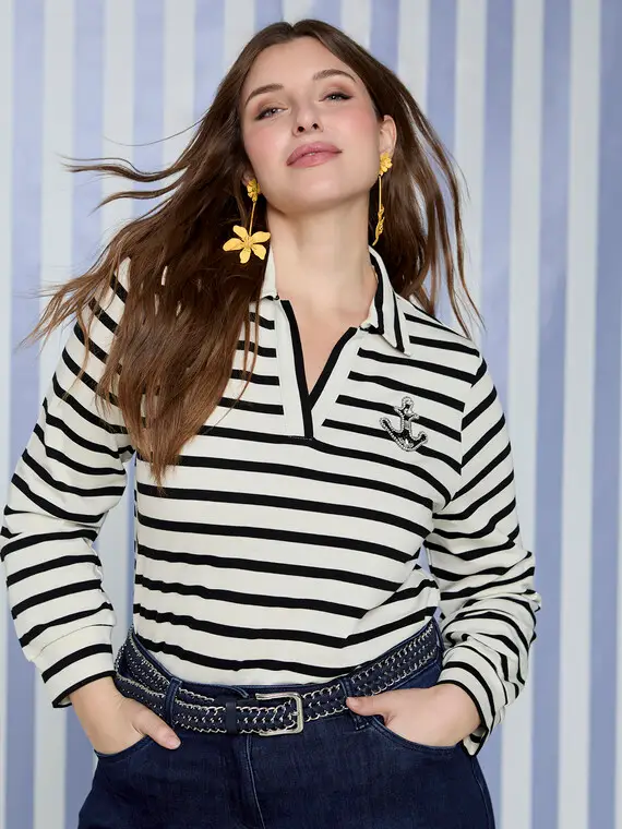 T-shirt in jersey stile marinière Donna, Bianco (52-54 IT)