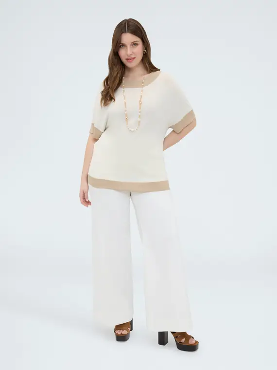 T-shirt in maglia con bordi a contrasto Donna, Beige (60-62 IT)
