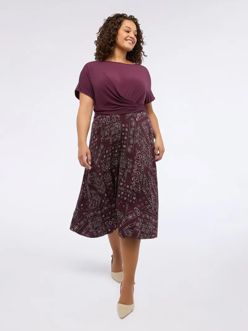 Vestito flare bimaterico con stampa Donna, Bordeaux (50 IT)