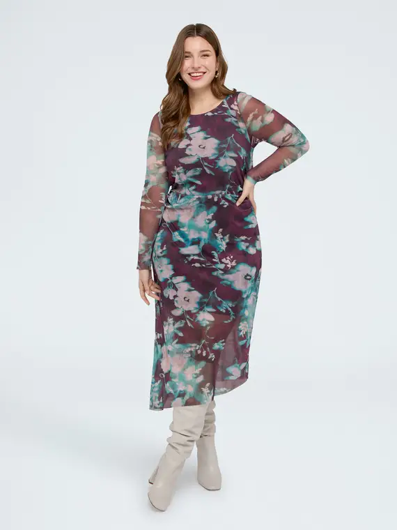 Vestito lungo in tulle con stampa Donna, Bordeaux (60-62 IT) miniatura 3