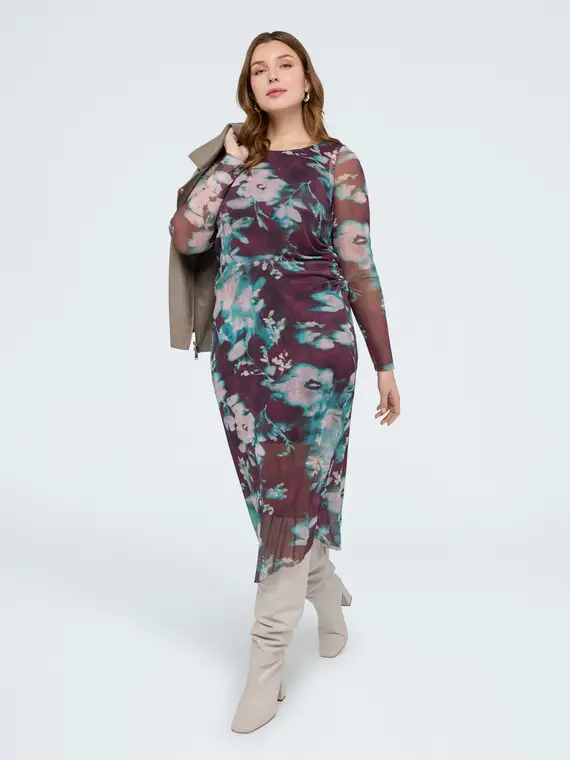 Vestito lungo in tulle con stampa Donna, Bordeaux (60-62 IT)