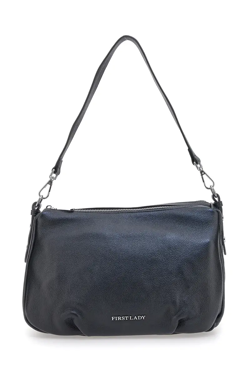 Borsa nera in vera pelle con manico corto e tracolla removibili First Lady SL 58809 [NERO]