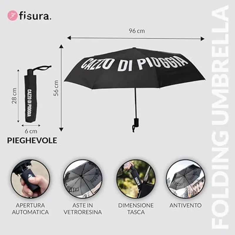 Fisura – Parapluie pliable original Cazzo Di Pioggia noir. Modèle automatique féminin. Facile à transporter. Coupe-vent et robuste, idéal en déplacement. Diamètre ouvert: 96 cm miniatura 2