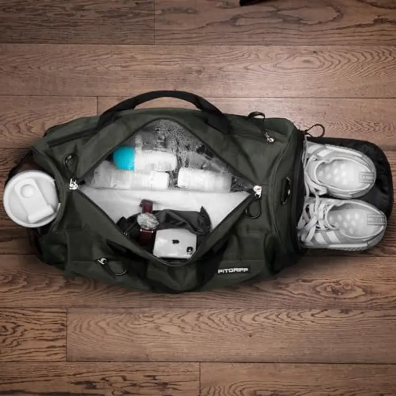 Fitgriff® Borsone Palestra Uomo & Donna V1 - Borsa Sportivo con Porta Scarpe e Tasca Umida da Viaggio, Sport, Fitness, Piscina - Duffel Bag (Army Green, 48 x 26 x 25 cm (Small)) miniatura 3