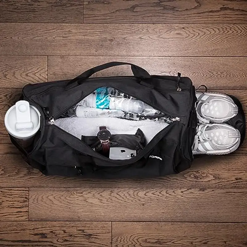 Fitgriff® Borsone Palestra Uomo & Donna V1 - Borsa Sportivo con Porta Scarpe e Tasca Umida da Viaggio, Sport, Fitness, Piscina - Duffel Bag (Black, 48 x 26 x 25 cm (Small)) miniatura 3