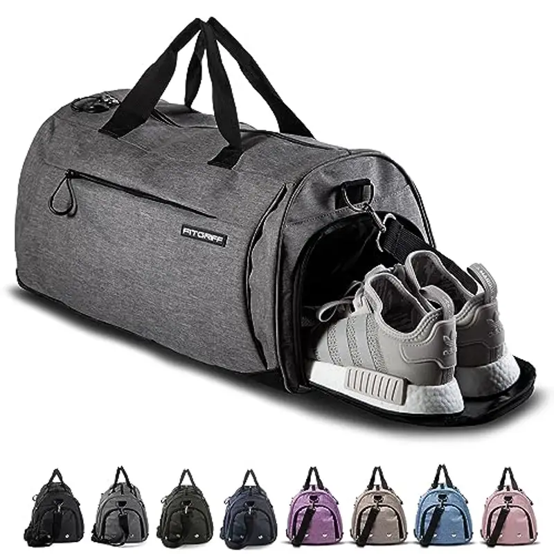 Fitgriff® Borsone Palestra Uomo & Donna V1 - Borsa Sportivo con Porta Scarpe e Tasca Umida da Viaggio, Sport, Fitness, Piscina - Duffel Bag (Grey, 48 x 26 x 25 cm (Small))