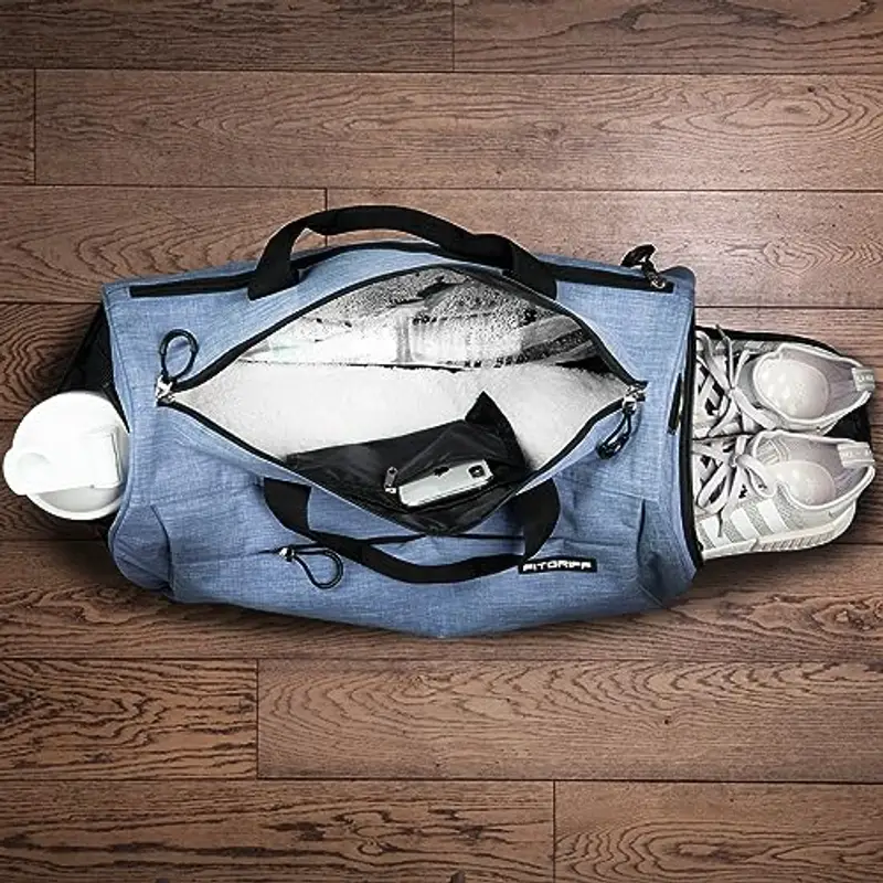 Fitgriff® Borsone Palestra Uomo & Donna V1 - Borsa Sportivo con Porta Scarpe e Tasca Umida da Viaggio, Sport, Fitness, Piscina - Duffel Bag (Light Blue, 48 x 26 x 25 cm (Small)) miniatura 3