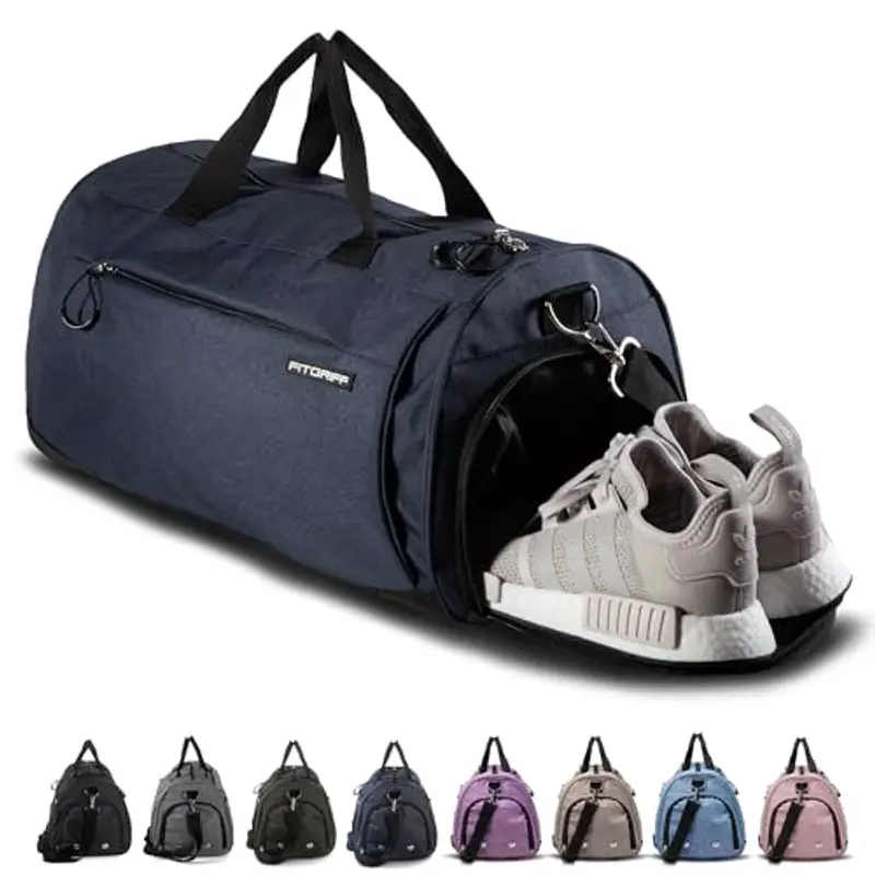 Fitgriff® Borsone Palestra Uomo & Donna V1 - Borsa Sportivo con Porta Scarpe e Tasca Umida da Viaggio, Sport, Fitness, Piscina - Duffel Bag (Navy Blue, 48 x 26 x 25 cm (Small))