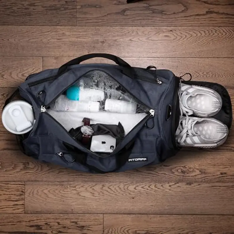 Fitgriff® Borsone Palestra Uomo & Donna V1 - Borsa Sportivo con Porta Scarpe e Tasca Umida da Viaggio, Sport, Fitness, Piscina - Duffel Bag (Navy Blue, 48 x 26 x 25 cm (Small)) miniatura 3