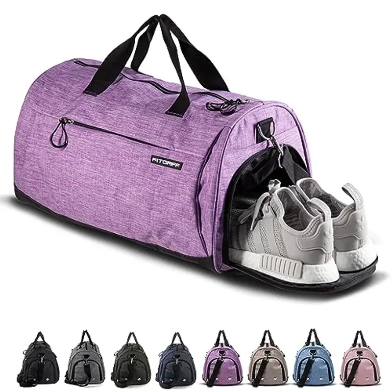 Fitgriff® Borsone Palestra Uomo & Donna V1 - Borsa Sportivo con Porta Scarpe e Tasca Umida da Viaggio, Sport, Fitness, Piscina - Duffel Bag (Purple, 48 x 26 x 25 cm (Small))