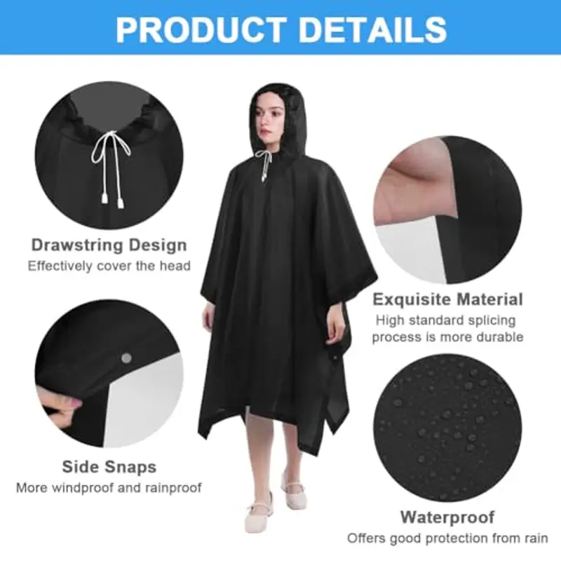 Flintronic 2 Pezzi Poncho EVA Impermeabile Riutilizzabile, Portatile con Cappuccio per Adulto, Antipioggia per Uomo e miniatura 3