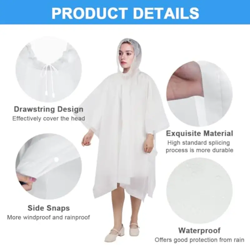flintronic 2 Pezzi Poncho, EVA Poncho Impermeabile Riutilizzabile, Impermeabile Portatile con Cappuccio per Adulto miniatura 3