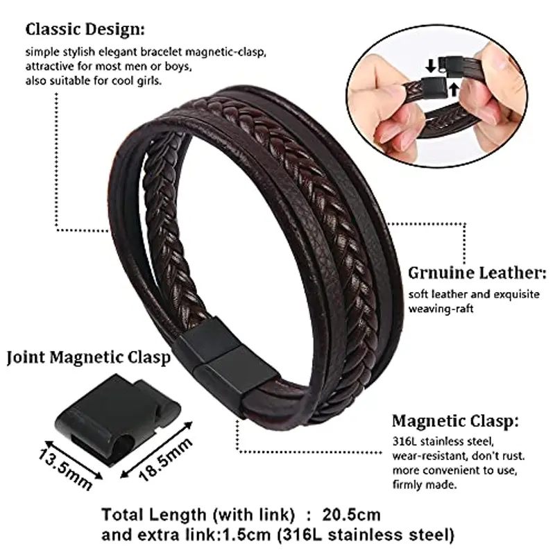 flintronic Bracciale Intrecciato in Pelle, Braccialetto Pelle con Chiusura Magnetica, Lunghezze Diverse, Serratura miniatura 2