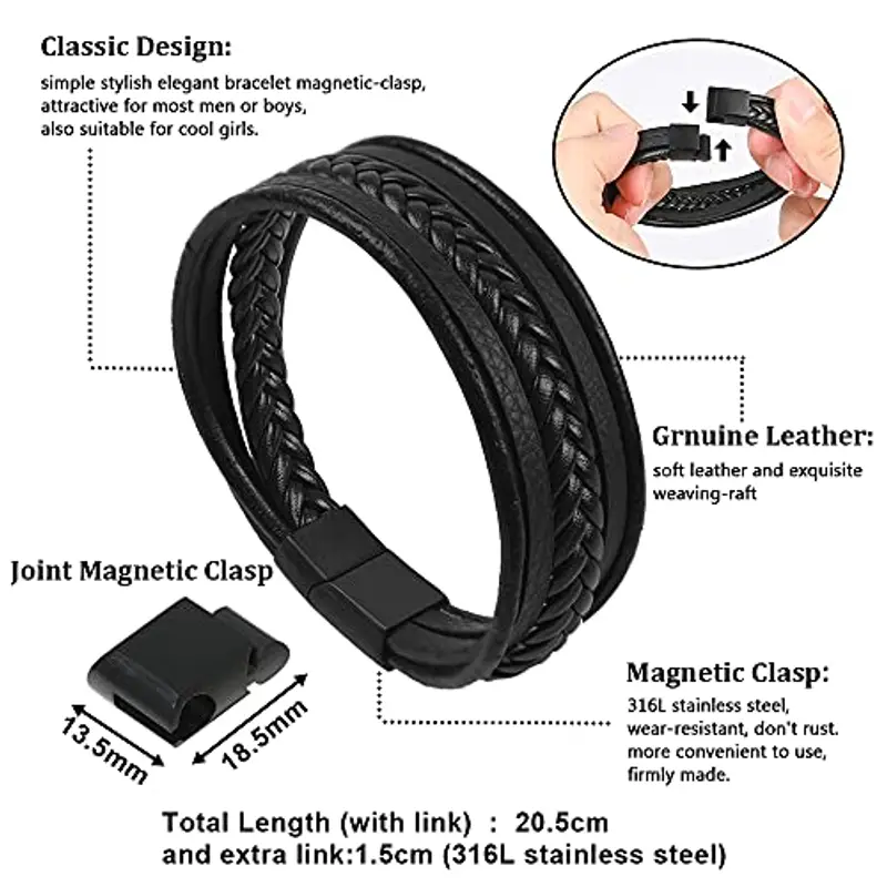 Flintronic Bracciale Intrecciato Pelle, Lovers Braccialetto Pelle Magnetico, Lunghezze Diverse Bracciale Premium per miniatura 2