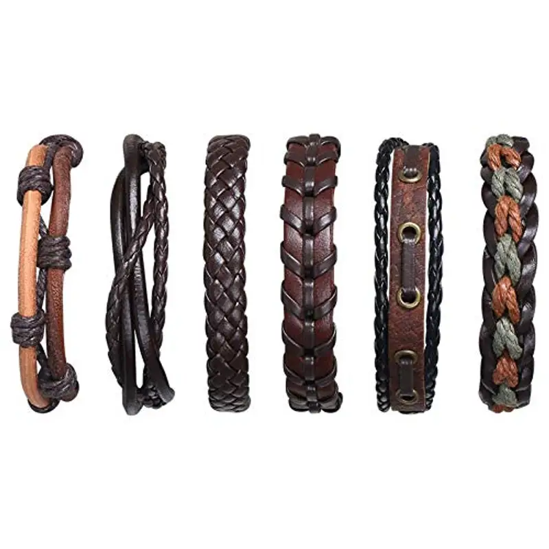 flintronic Bracciale Uomo Pelle, 6 Pezzi Bracciale Corda Uomo Donna, Bracciale Intrecciato in Pelle, Bracciale per Uomo Donna, Idea Regalo per Fidanzato, Amici, Marito,18-34CM