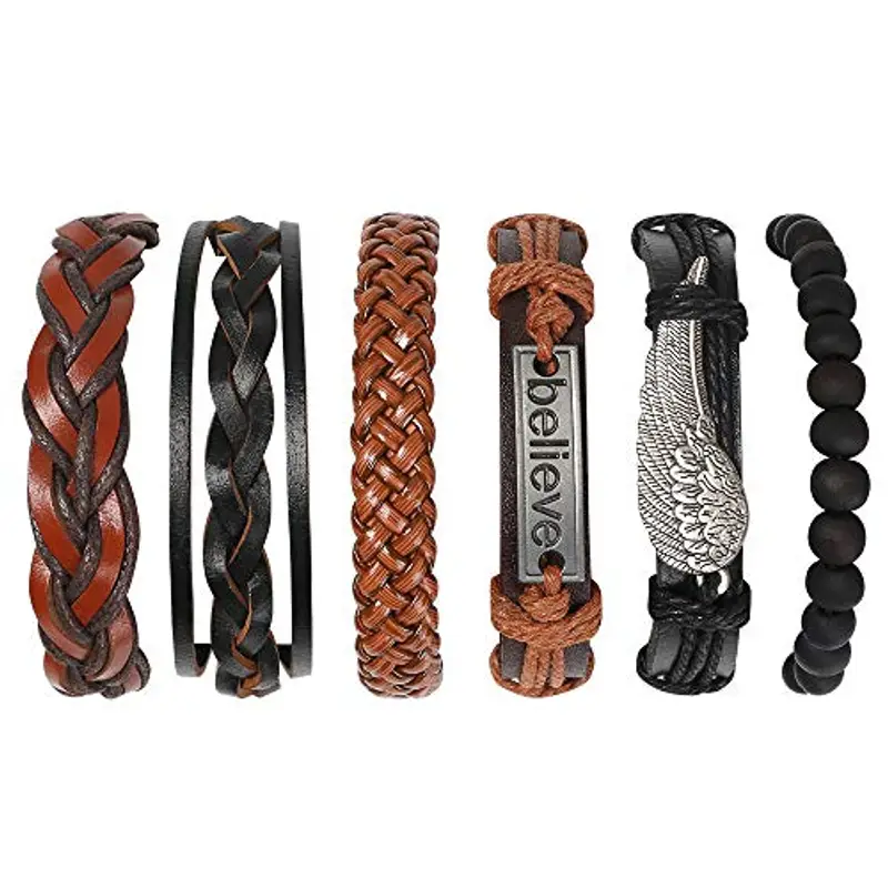 flintronic Bracciale Uomo Pelle, 6 Pezzi Bracciale Corda Uomo Donna, Bracciale Intrecciato in Pelle, Bracciale per Uomo Donna, Idea Regalo per Fidanzato, Amici, Marito,18-34CM